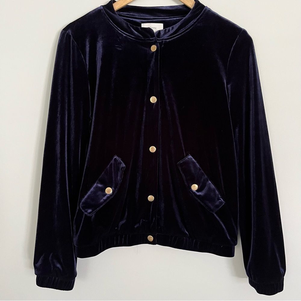Anthropologie Nümph Navy Velvet Bomber Jacket with Gold Snaps, Size S NWOT